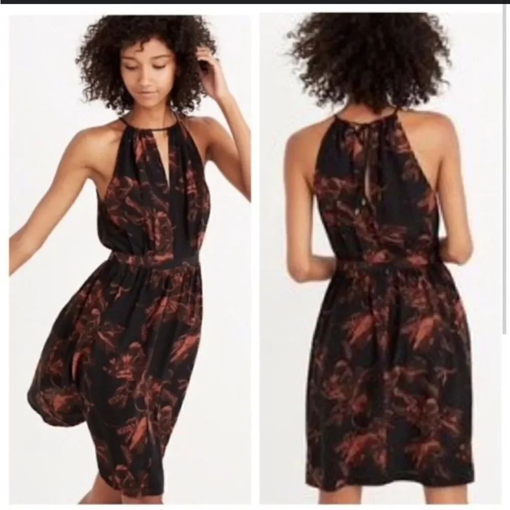 Madewell x No.6 Silk Keyhole Halter Dress with Pockets in Etched Floral size 4